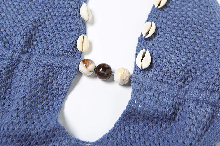 Ensemble crochet “Bleu Océan” – Look Bohème Chic avec détails coquillages
