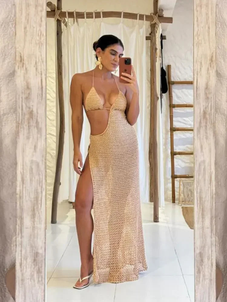 robe crochet fendu abricot